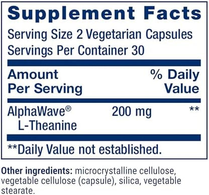 Supplement facts label for Life Extension L-Theanine 200 mg vegetarian capsules.