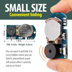 Miniature hidden beeping device shown next to a coin to highlight its small size for easy concealment.