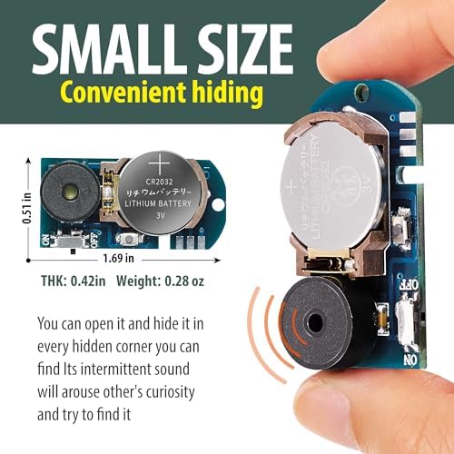 Miniature hidden beeping device shown next to a coin to highlight its small size for easy concealment.