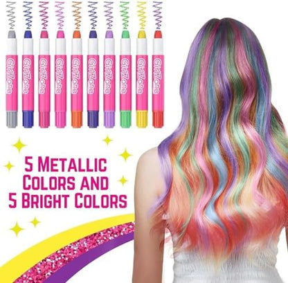GirlZone Temporary Hair Color Studio box opened to reveal five bright and five metallic glitter pens arranged neatly inside.