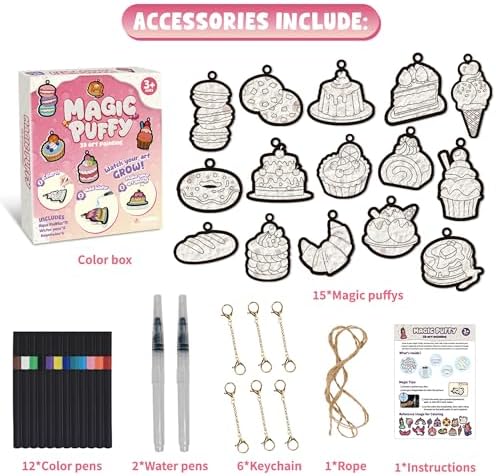 Overhead view of all fifteen aqua puffs templates and twelve colorful brush pens.
