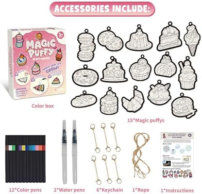 Overhead view of all fifteen aqua puffs templates and twelve colorful brush pens.