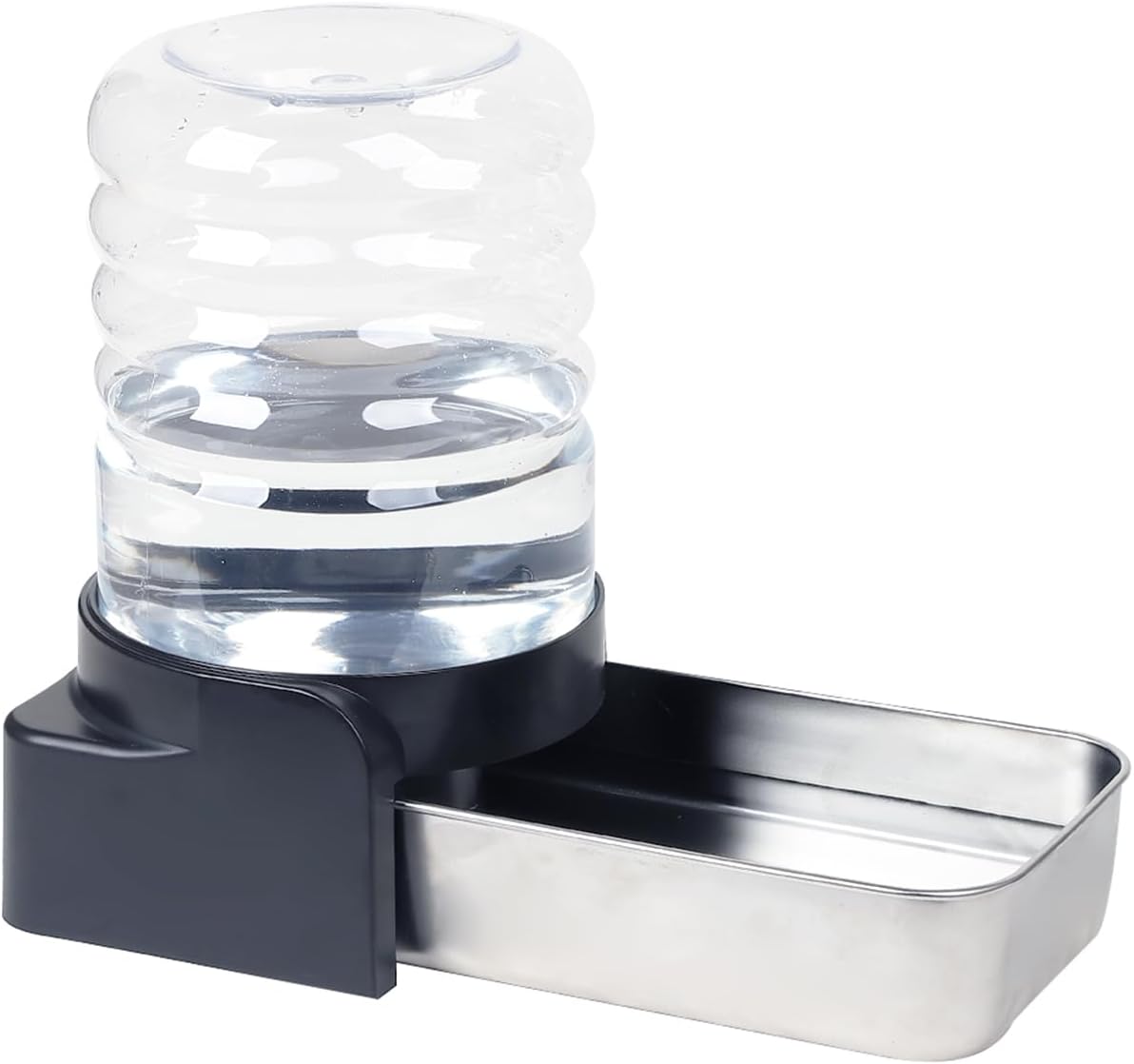 Pakeway automatic gravity dog water bowl dispenser front view with stainless steel basin