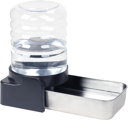 Pakeway automatic gravity dog water bowl dispenser front view with stainless steel basin