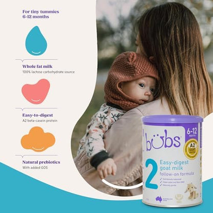 Bubs Australian goat milk follow on powder nutrition label details