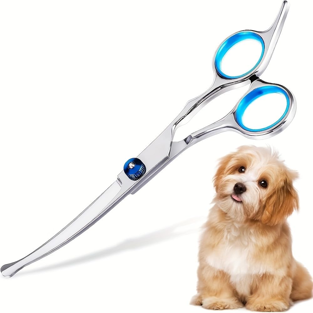 Stainless steel pet hair scissors displaying the adjustable tension control area.