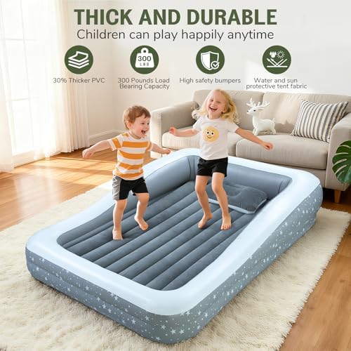 Side angle of the inflatable children bed showcasing the high safety rails to prevent rolling