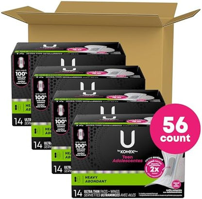 Kotex teen sanitary napkins showing the 56 count value pack bundle.