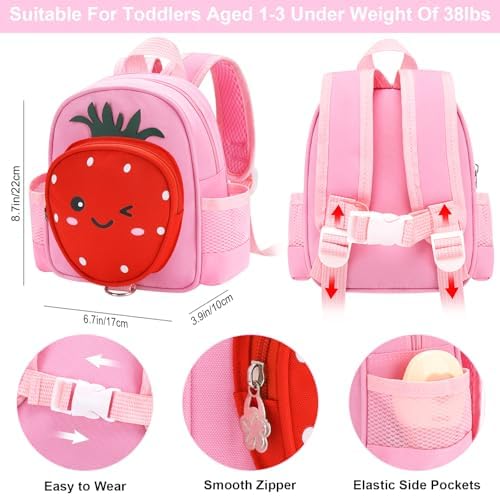 Pink strawberry mini backpack for girls with anti-lost wrist link