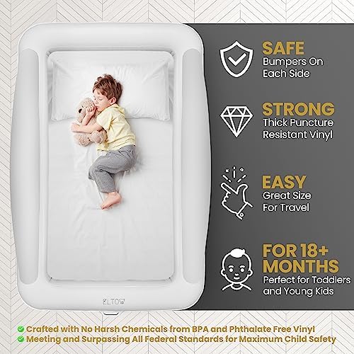 Inflatable toddler travel bed with safety bumpers and detachable inner mattress