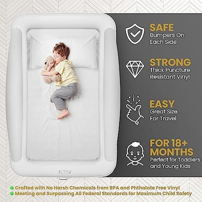 Inflatable toddler travel bed with safety bumpers and detachable inner mattress