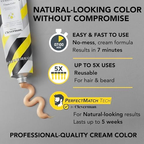 Cleverman dark brown cream dye application on model mustache and beard showing natural coverage