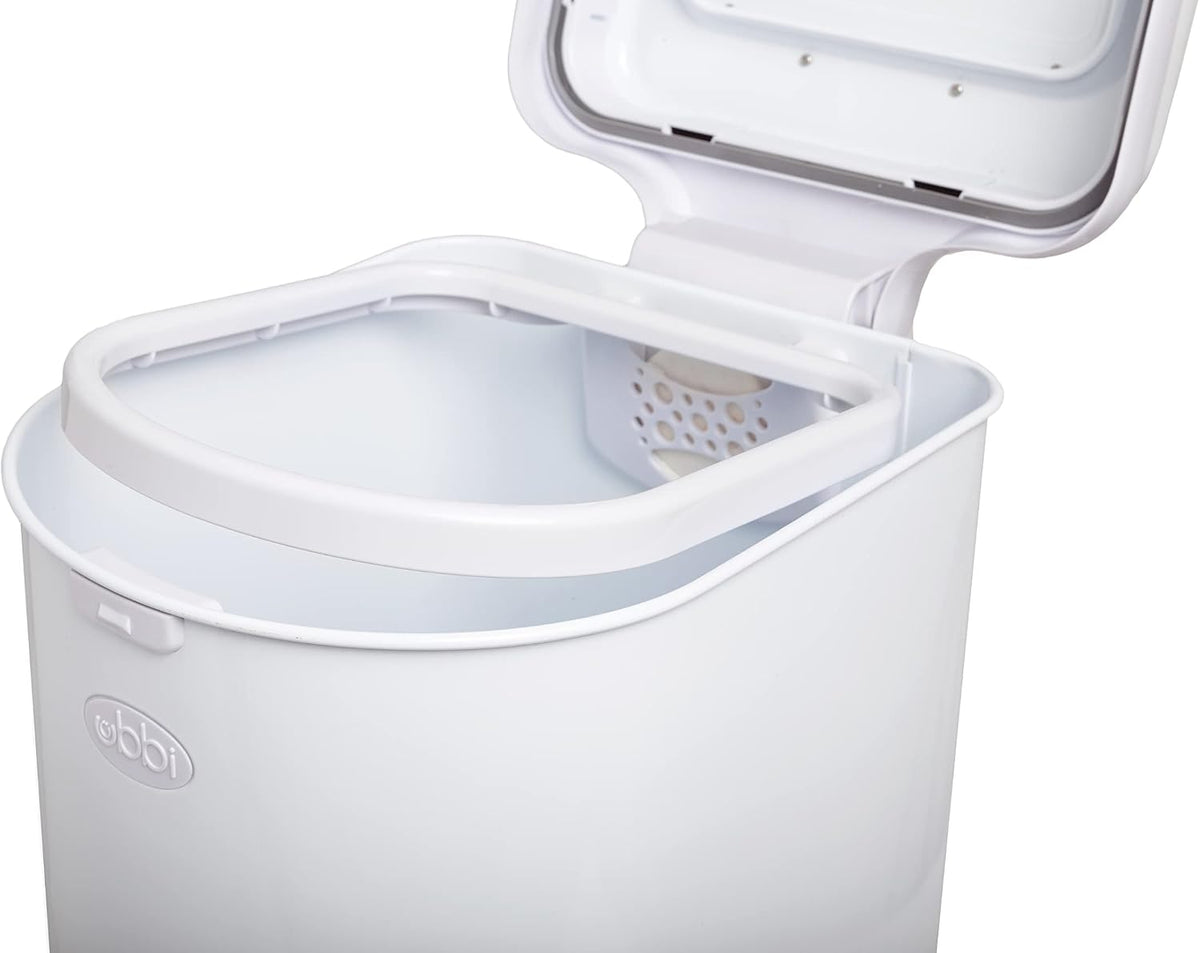 Side profile of white powder-coated Ubbi pet pail