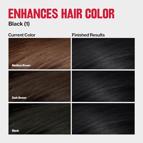 Revlon 1 Black hair color swatch guide showing natural multidimensional results
