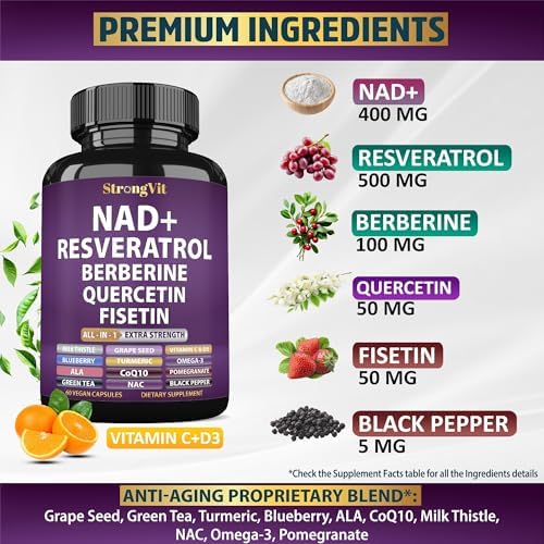 StrongVit Neumina NAD Resveratrol Supplement back label showing ingredients and supplement facts