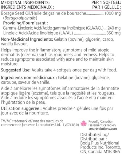 Lorna Vanderhaeghe Smart Solutions GLA Borage Oil supplement label details displaying premium organic cold pressed ingredients.
