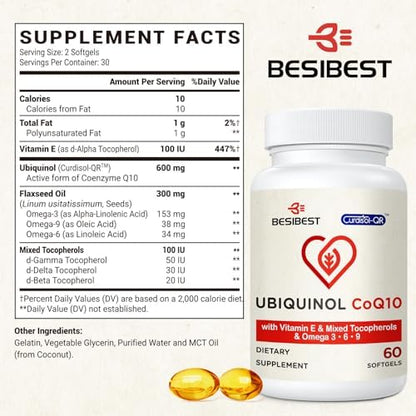 Besibest high absorption ubiquinol formula with omega 3 6 9 fatty acids ingredient breakdown panel