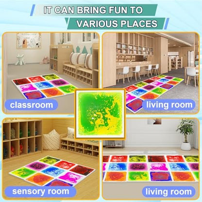 Close up view of liquid sensory floor mats for kids highlighting the non-slip textured backing layer.