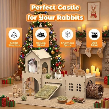 Large Bunny Castle for Rabbits, Wooden Dual-Layer Rabbit House with Stair, Rubber Band-Free Setup - Chew-Proof, Sturdy Habitat for Guinea Pig Chinchilla Ferret (Rabbit House) - Image 3