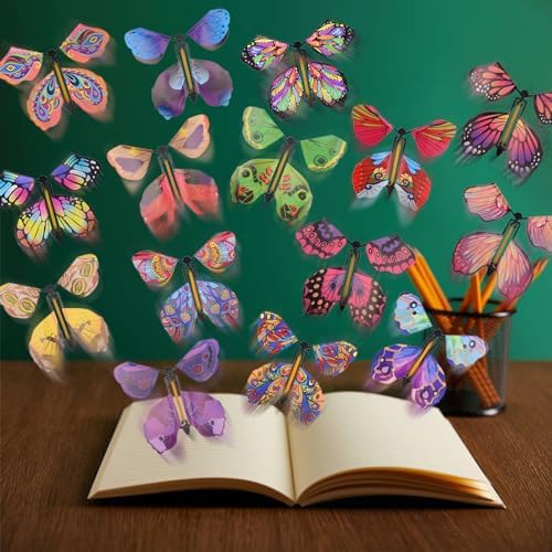 A child opening a book to reveal a magic flying butterfly toy soaring out gracefully