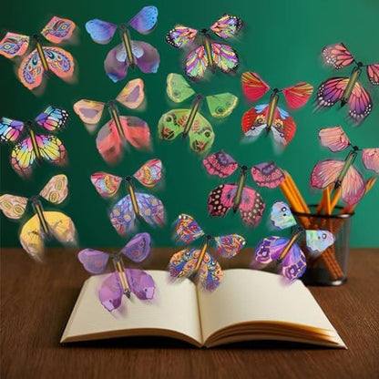 A child opening a book to reveal a magic flying butterfly toy soaring out gracefully