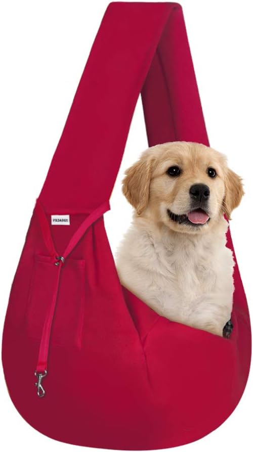 Small pet sling carrier showing safety hook attachment