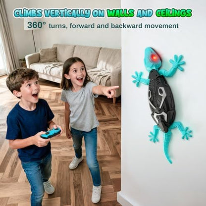 Blue Hamino remote control lizard climbing on a glass window