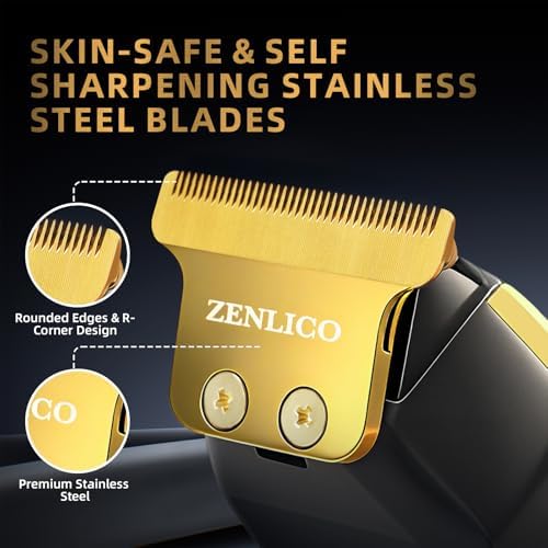 Close up view of the stainless steel blades and side adjustable taper lever on the electric trimmer.