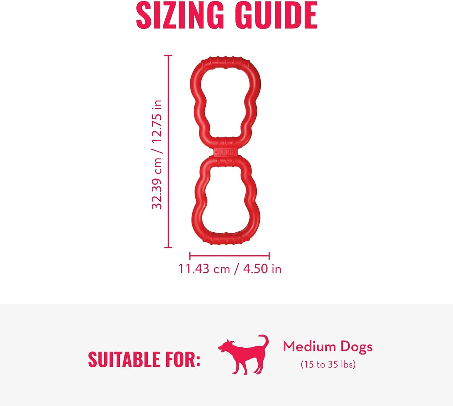 Stretchy natural rubber toy for medium and large dogs.