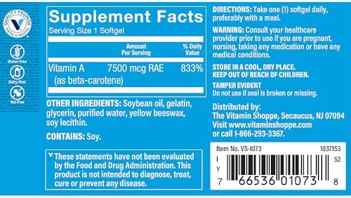 The Vitamin Shoppe Beta-Carotene 300 softgels nutrition facts label close up