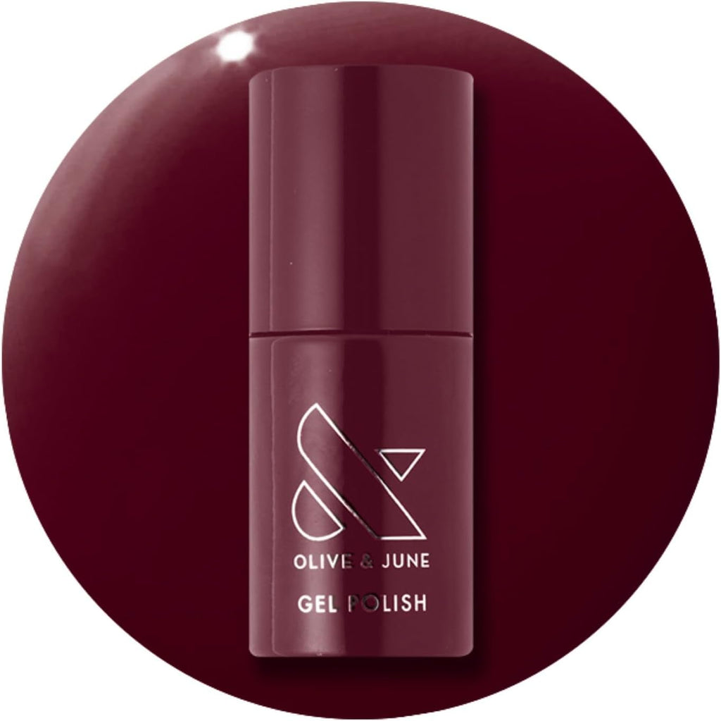 Olive and June gel nail polish bottle front view showing dark ruby red shade Obsessed