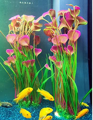 Vibrant red and green artificial foliage by ALEGI providing safe hiding spots inside a large aquarium.