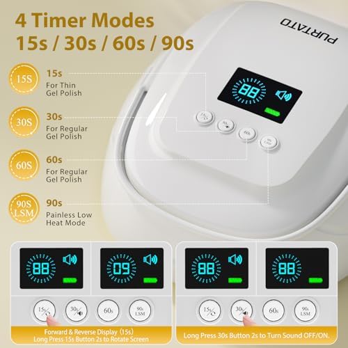 Close up of Purtato 126W nail lamp digital timer display screen