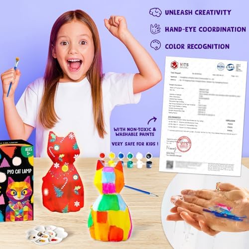 Child painting a colorful geometric design onto the kitty lamp