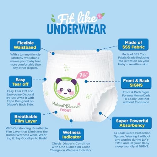 Natural Blossom ultra slim disposable diaper pants laid flat demonstrating the two millimeter thin core technology.