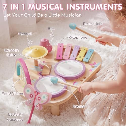 Lehoo Castle Montessori wooden toy featuring interactive xylophone and drums for toddlers aged one to three.