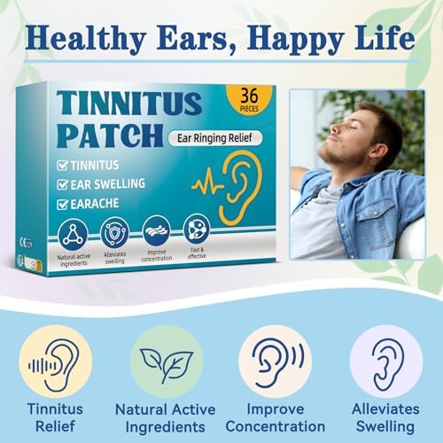Natural herbal tinnitus patches being applied behind the ear for buzzing relief