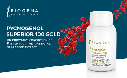 Side view of Biogena Pycnogenol 30 capsules bottle detailing direct USA import authenticity.