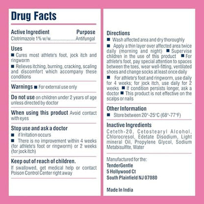 TenderGentle clotrimazole 1 percent cream tube highlighting the net weight of four ounces
