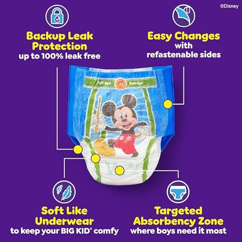 Four individual packs of twenty-eight count Pull-Ups boys potty training underwear stacked together.