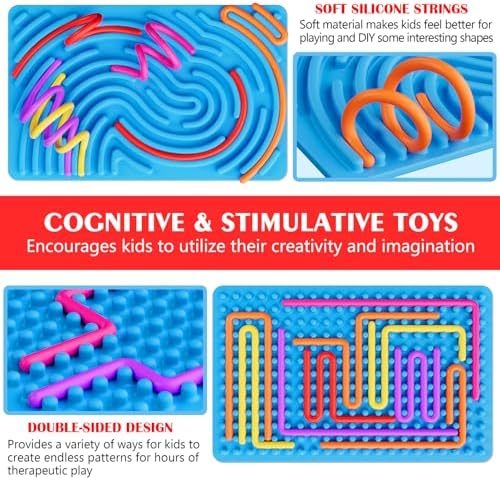 Spkwis sensory fidget toy showing a close up of the reverse grid peg-board pattern with multi-colored flexible silicone strings.