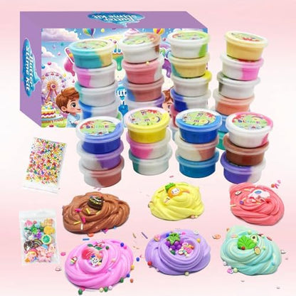 Full collection layout of forty-two individual slime containers and twenty-four topping packets.