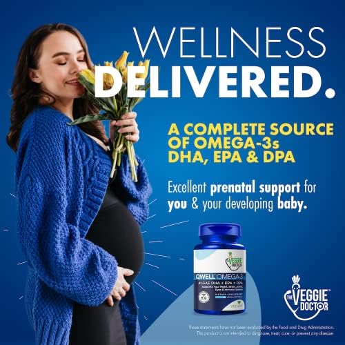 The Veggie Doctor Qwell Algal Oil Omega 3 supplement highlighting heart brain joint and immune system support features