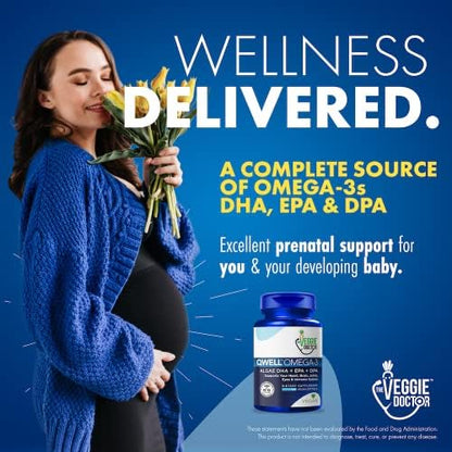 The Veggie Doctor Qwell Algal Oil Omega 3 supplement highlighting heart brain joint and immune system support features