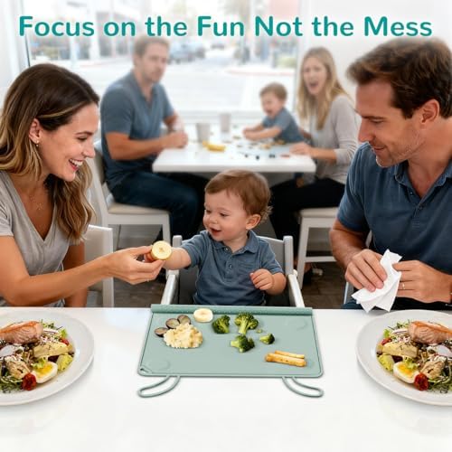 Toddler using the DZDOV food grade silicone placemat at a restaurant table
