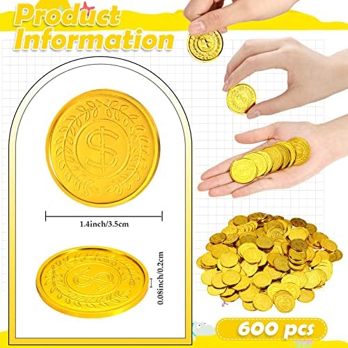 Bulk pile of shiny gold plastic treasure play coins spread out on a table for party favors.