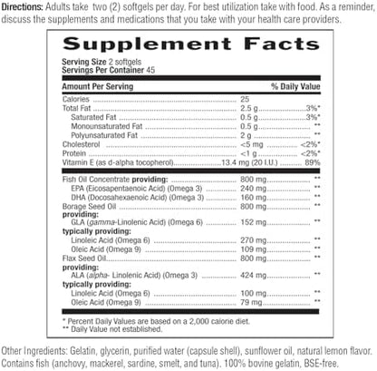 Close up of Country Life Omega 3 6 9 nutrition facts label