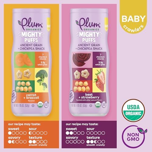 Six pack bundle of USA imported Plum Organics Mighty Puffs for self feeding babies.