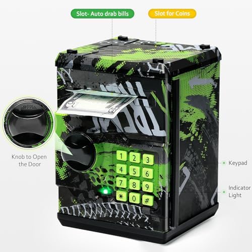 Vcertcpl kids security coin jar vault with open door demonstrating large interior storage compartment capacity.
