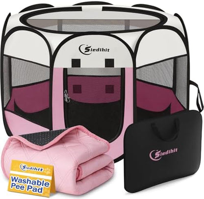 Siedihit Dog Cat Playpen, Puppy Pet Playpen Indoor for Small Dog Crate Tent Cage Outdoor, Portable Pop Up Dogs Enclosure Kennel with Carrying Case for Dogs/Cats/Rabbits(Pink, Small with pad) - Image 2